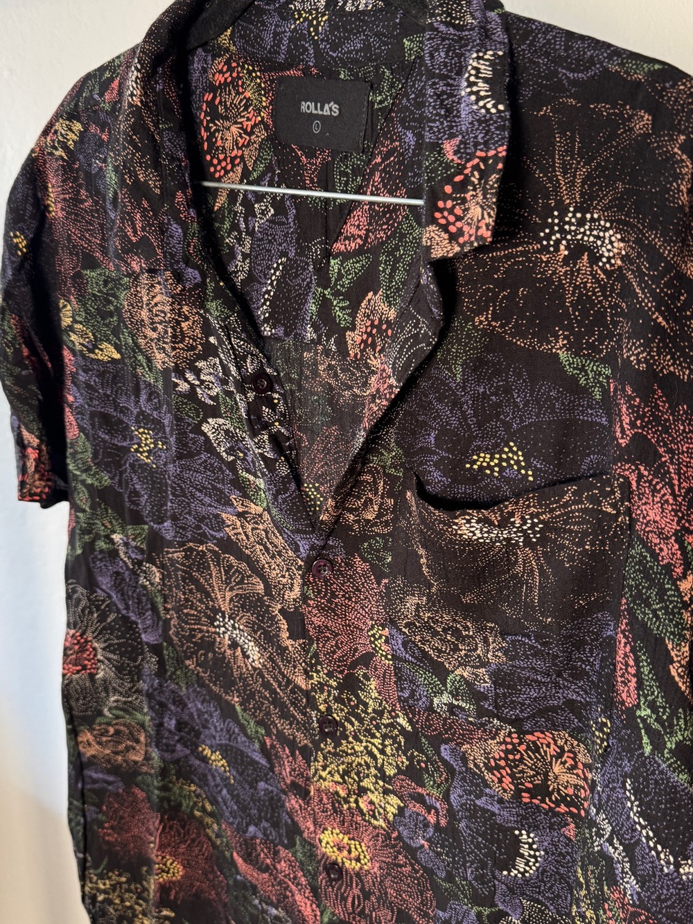 ROLLA'S Black Floral Button-Up Top with Purple, Green & Rust Print